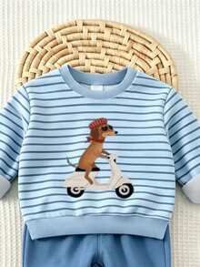 Baby Boys' Round-Neck Cute Dog And Cartoon Print Fleece Sweatshirt, Suitable For Fall, Festivals, Gift-Giving Matching Family Light Blue Sky Blue - Black - View 3