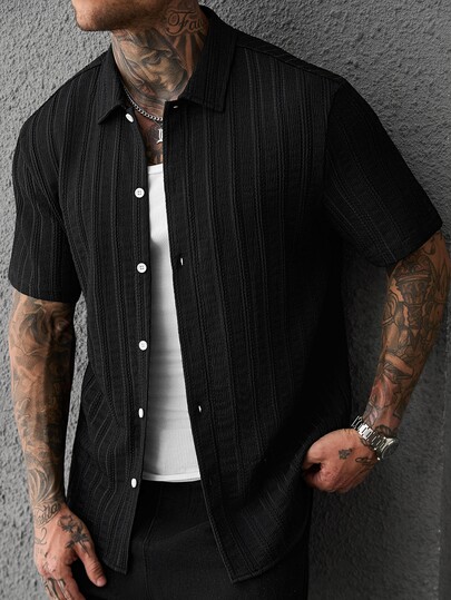 SLATEMANN Spring Summer Men's Black Knitted Jacquard Vertical Ribbed Texture Short Sleeve Shirt, Casual Business Commute Vacation Minimalist Slim Fit Top