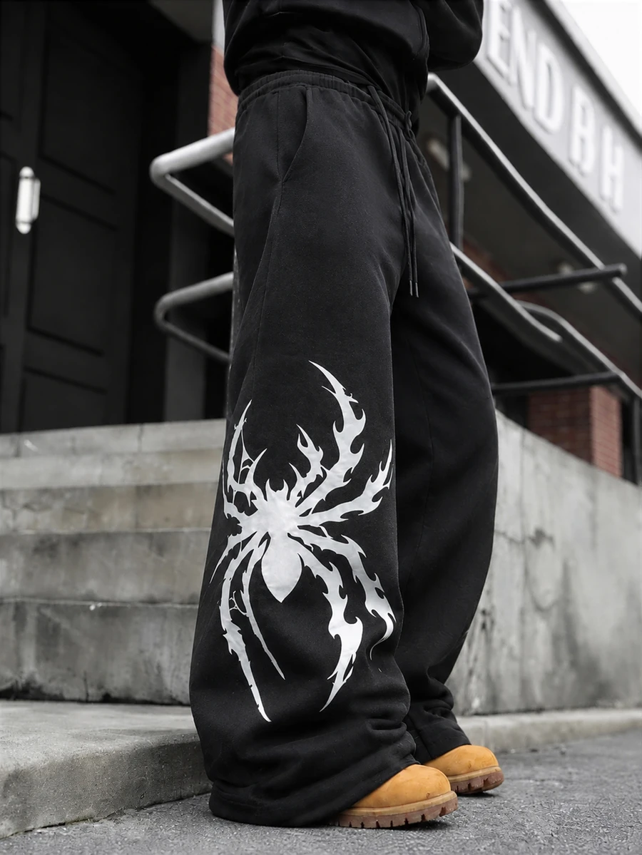 Major Grit Men's Spider Print Elastic Waist Drawstring Loose Casual Sweatpants, Goth - Black - View 1