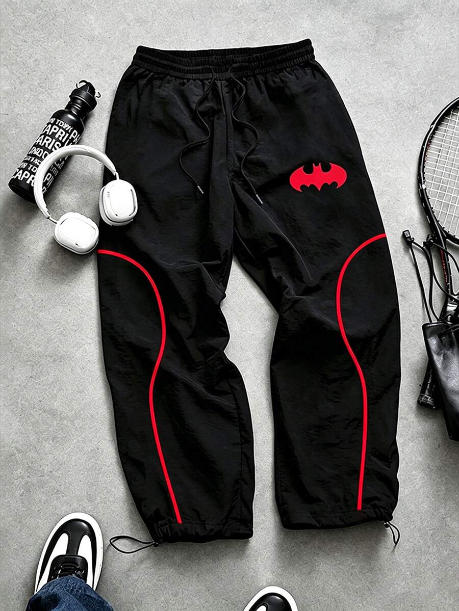 BATMAN X SHEIN Gym Rark 男士抽繩腰拼色休閒運動寬鬆長褲，適合日常旅行、健身跑步，黑色，秋季 - 黑色 - 查看 1