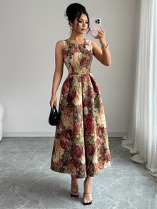 Elenzga 女士圆领无袖收腰全身印花优雅中长连衣裙 - 棕色 - 查看 3