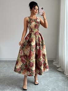 Elenzga 女士圆领无袖收腰全身印花优雅中长连衣裙 - 棕色 - 查看 5