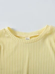SHEIN 青少年女孩休閒長袖短版背心上衣，黃色與粉色對比腰帶運動長褲 2 件套 - 粉色 - 查看 4