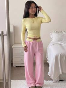 SHEIN 青少年女孩休閒長袖短版背心上衣，黃色與粉色對比腰帶運動長褲 2 件套 - 粉色 - 查看 9