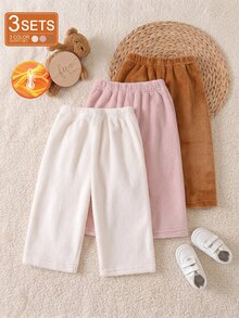 SHEIN 3pcs/Set Baby Girl 0-3Y Solid Color Soft Fleece Casual Baggy Long Pants, All-Match Versatile Style, Off-White Dusty Pink Chocolate Brown Autumn - Multicolor - View 8