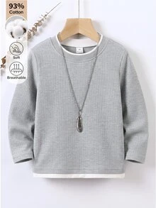 SHEIN Playful Pals Boys' Grey Ribbed 2 In 1 Long Sleeve Top, Loose & Comfortable, Minimalist Versatile Knit Sweater - Grey - View 9