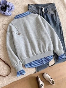 SHEIN Tween Girl Autumn Winter Fleece Sweatshirt 2 In 1 2 In 1 Striped Shirt Collar Long Sleeve Pullover Letter Print Gray Preppy Casual Tops - Light Grey - View 2