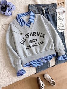 SHEIN Tween Girl Autumn Winter Fleece Sweatshirt 2 In 1 2 In 1 Striped Shirt Collar Long Sleeve Pullover Letter Print Gray Preppy Casual Tops - Light Grey - View 1