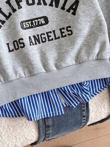 SHEIN Tween Girl Autumn Winter Fleece Sweatshirt 2 In 1 2 In 1 Striped Shirt Collar Long Sleeve Pullover Letter Print Gray Preppy Casual Tops - Light Grey - View 6
