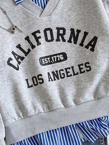 SHEIN Tween Girl Autumn Winter Fleece Sweatshirt 2 In 1 2 In 1 Striped Shirt Collar Long Sleeve Pullover Letter Print Gray Preppy Casual Tops - Light Grey - View 5