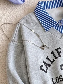 SHEIN Tween Girl Autumn Winter Fleece Sweatshirt 2 In 1 2 In 1 Striped Shirt Collar Long Sleeve Pullover Letter Print Gray Preppy Casual Tops - Light Grey - View 3