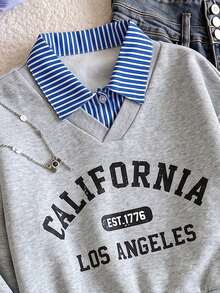 SHEIN Tween Girl Autumn Winter Fleece Sweatshirt 2 In 1 2 In 1 Striped Shirt Collar Long Sleeve Pullover Letter Print Gray Preppy Casual Tops - Light Grey - View 7
