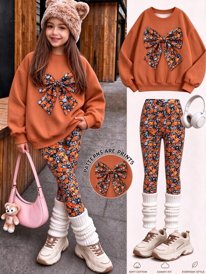 Girls Big Tween Girl Casual Round Neck Loose Floral Bow Sweatshirt + Slim Fit Floral Leggings Set