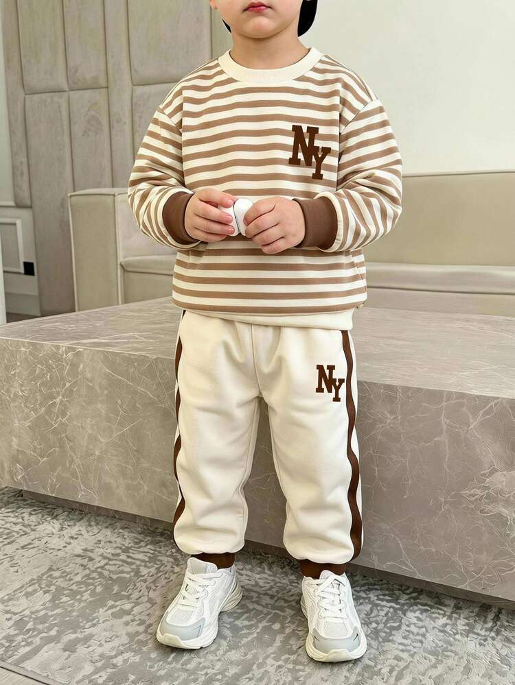 Young Boys Loose Sporty Casual Comfortable Thick Fleece Lined Striped Long Sleeve Sweatshirt And Pants 2 Pieces Set Suitable For Autumn/Winter Crew Neck Knit Pullover - Multicolor - View 4
