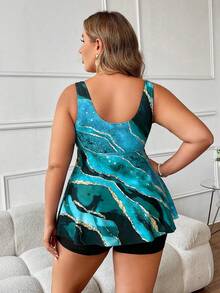 SHEIN Swim Curve Vestido de baño de talla grande con estampado de mármol y cordón ajustable frontal para mujer, ideal para vacaciones casuales de verano - Verde - Ver 2