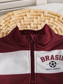 SHEIN Young Boy Color Block Sleeve Half Zip Sweatshirt Jogger Set, 2Pcs Stand Collar Fleece Tracksuit, Toddler Casual Daily Outfit,Fall,Autumn&Winter,School - Burgundy - View 4