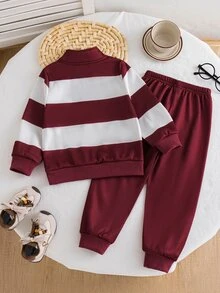 SHEIN Young Boy Color Block Sleeve Half Zip Sweatshirt Jogger Set, 2Pcs Stand Collar Fleece Tracksuit, Toddler Casual Daily Outfit,Fall,Autumn&Winter,School - Burgundy - View 3