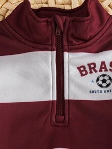 SHEIN Young Boy Color Block Sleeve Half Zip Sweatshirt Jogger Set, 2Pcs Stand Collar Fleece Tracksuit, Toddler Casual Daily Outfit,Fall,Autumn&Winter,School - Burgundy - View 5