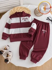 SHEIN Young Boy Color Block Sleeve Half Zip Sweatshirt Jogger Set, 2Pcs Stand Collar Fleece Tracksuit, Toddler Casual Daily Outfit,Fall,Autumn&Winter,School - Burgundy - View 2
