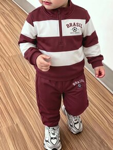 SHEIN Young Boy Color Block Sleeve Half Zip Sweatshirt Jogger Set, 2Pcs Stand Collar Fleece Tracksuit, Toddler Casual Daily Outfit,Fall,Autumn&Winter,School - Burgundy - View 1
