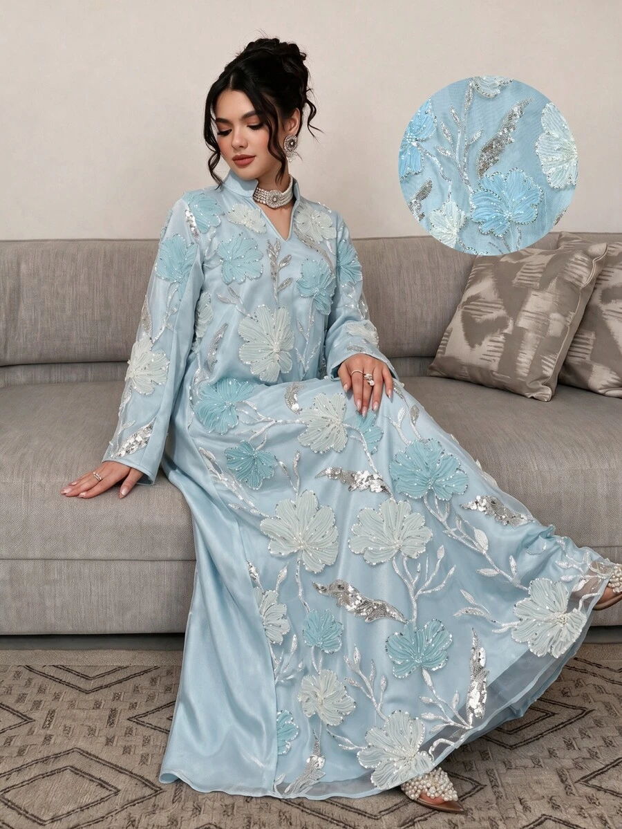 Al Najma رداء طويل فضفاض كاجوال يومي للنساء من قماش شبكي مطرز بالخرز - أزرق فاتح اللون - مشاهدة 1