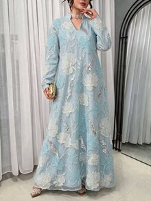 Al Najma رداء طويل فضفاض كاجوال يومي للنساء من قماش شبكي مطرز بالخرز - أزرق فاتح اللون - مشاهدة 5