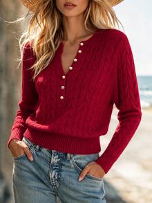 Balvessa Women's Round Neck Half-Button Cable Knit Textured Single-Breasted Hand-Stitched Button Long Sleeve Ribbed Hem Sweater - Burgundy - View 1