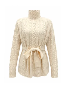SHEIN LUNE Women's Vintage Casual French Style Half-High Neck Bowknot Waist-Cinching Loose Raglan Long Sleeve Sweater Braided Texture Brunch White Fall - Apricot - View 3