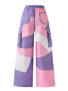 SHEIN [Denim Effect] Tween Girls Cargo Pants, Fall Streetwear, Loose Basic Textured Vacation Y2k High-Rise/High-Waisted Wide Leg Cargo Pants - Multicolor - View 6