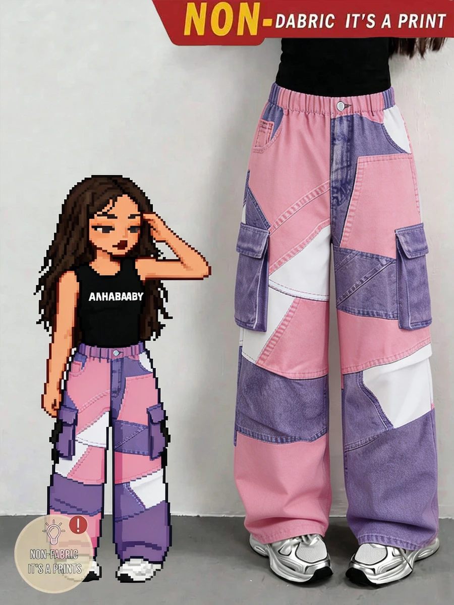 SHEIN [Denim Effect] Tween Girls Cargo Pants, Fall Streetwear, Loose Basic Textured Vacation Y2k High-Rise/High-Waisted Wide Leg Cargo Pants - Multicolor - View 1