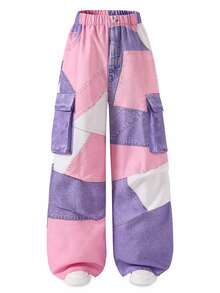 SHEIN [Denim Effect] Tween Girls Cargo Pants, Fall Streetwear, Loose Basic Textured Vacation Y2k High-Rise/High-Waisted Wide Leg Cargo Pants - Multicolor - View 5