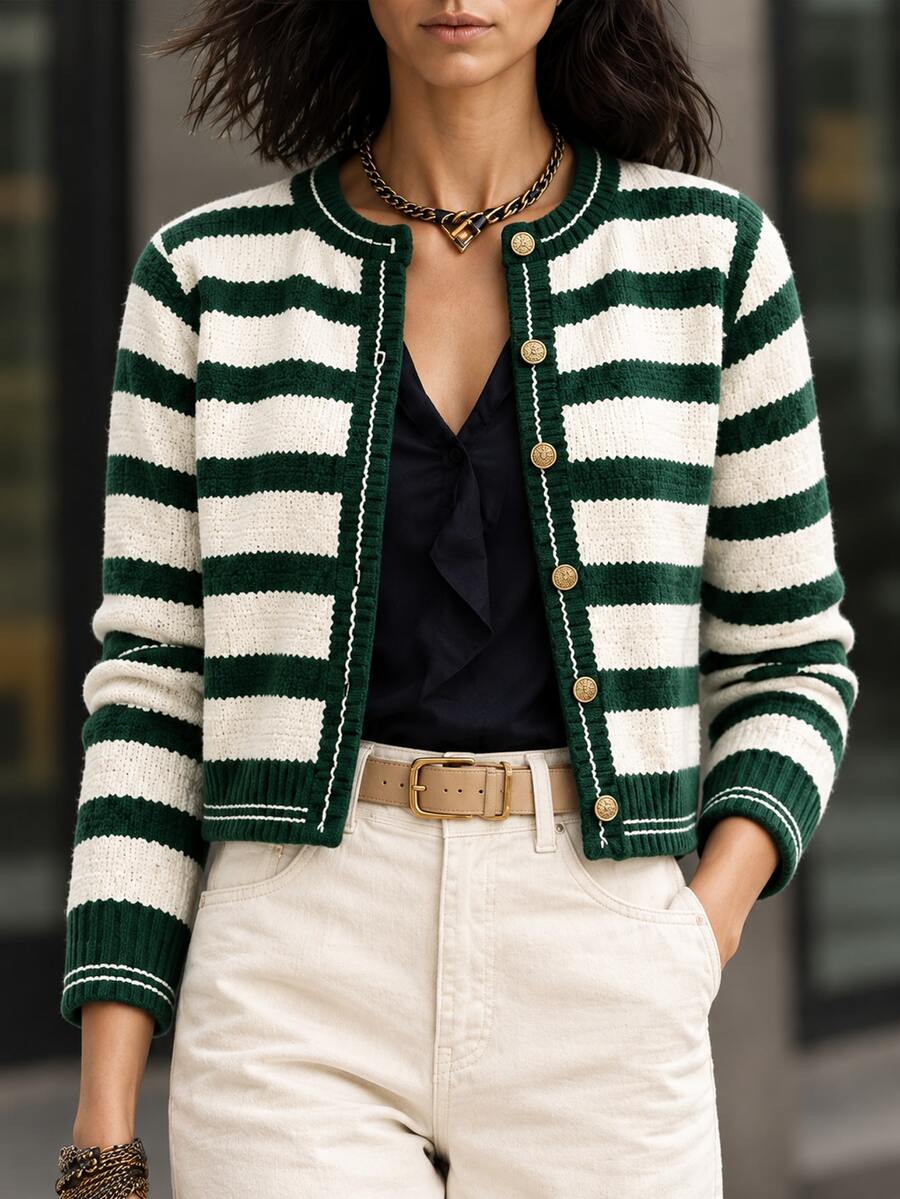 Elafinee Women's Striped Colorblock Casual Daily Cardigan - Olive Green - View 1