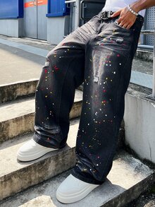 STEELVANCE 四季通用美式街頭風中性潑墨牛仔褲 - 黑色 - 查看 5
