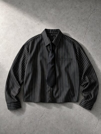 ROMWE MEN Men's Striped Loose Tie Long Sleeve Shirt