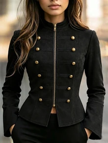 Breezaya Women's Autumn/Winter Vintage Napoleon Style Stand Collar Flared Sleeve Zipper Front Cinched Waist A-Line Casual Jacket - Black - View 3