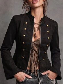 Breezaya Women's Autumn/Winter Vintage Napoleon Style Stand Collar Flared Sleeve Zipper Front Cinched Waist A-Line Casual Jacket - Black - View 6