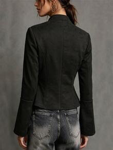 Breezaya Women's Autumn/Winter Vintage Napoleon Style Stand Collar Flared Sleeve Zipper Front Cinched Waist A-Line Casual Jacket - Black - View 2