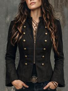 Breezaya Women's Autumn/Winter Vintage Napoleon Style Stand Collar Flared Sleeve Zipper Front Cinched Waist A-Line Casual Jacket - Black - View 1
