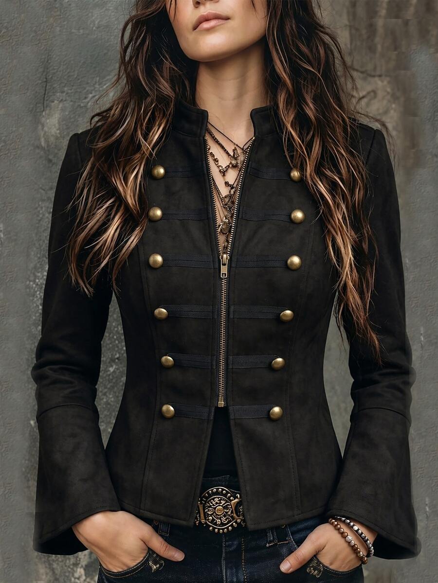 Breezaya Women's Autumn/Winter Vintage Napoleon Style Stand Collar Flared Sleeve Zipper Front Cinched Waist A-Line Casual Jacket - Black - View 1