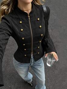 Breezaya Women's Autumn/Winter Vintage Napoleon Style Stand Collar Flared Sleeve Zipper Front Cinched Waist A-Line Casual Jacket - Black - View 4