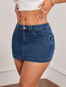SHEIN ICON Women's Solid Color Simple Daily Wear Washed Denim Skirt - Dark Wash - View 6