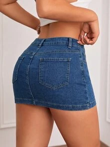 SHEIN ICON Women's Solid Color Simple Daily Wear Washed Denim Skirt - Dark Wash - View 2