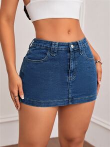 SHEIN ICON Women's Solid Color Simple Daily Wear Washed Denim Skirt - Dark Wash - View 5