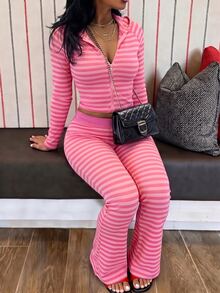 Rovax Women's Striped Long Sleeve Zipper Front Top And Flare Pants Casual 2 Pieces Set - Multicolor - View 1