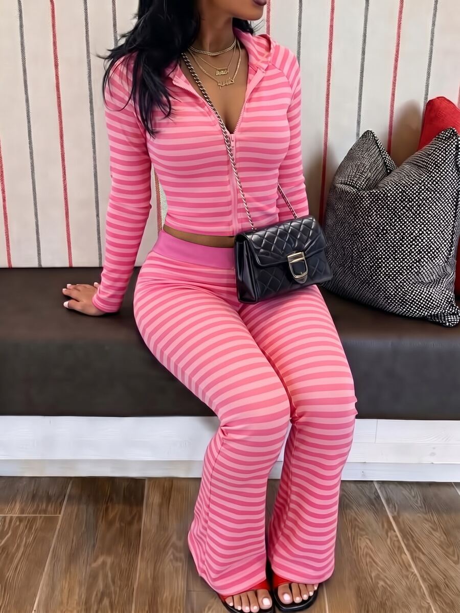 Rovax Women's Striped Long Sleeve Zipper Front Top And Flare Pants Casual 2 Pieces Set - Multicolor - View 1
