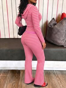 Rovax Women's Striped Long Sleeve Zipper Front Top And Flare Pants Casual 2 Pieces Set - Multicolor - View 2
