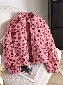 SHEIN 女童粉色刷毛波點復古可愛牛仔女孩立領拉鍊短版修身外套，秋冬校園與校外穿搭 - 粉色 - 查看 1
