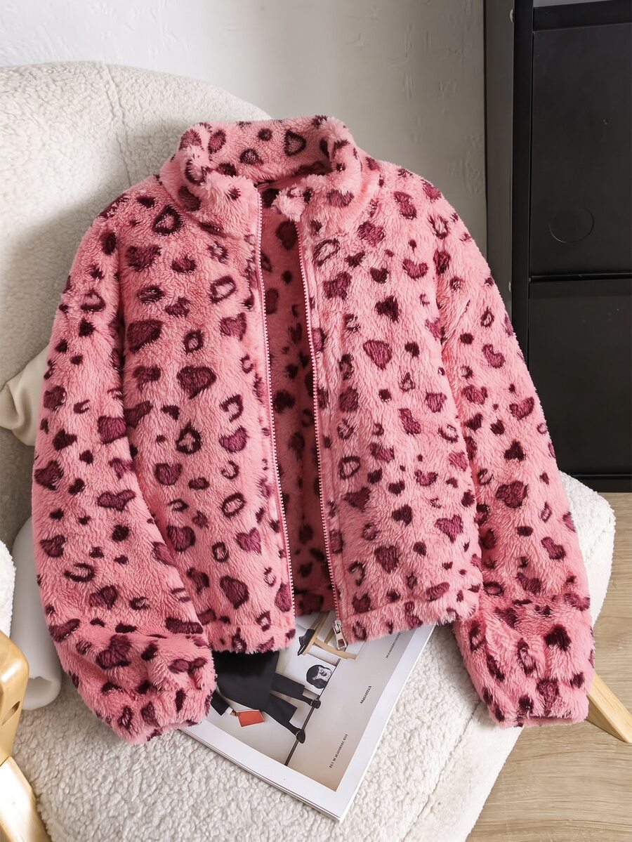 SHEIN 女童粉色刷毛波點復古可愛牛仔女孩立領拉鍊短版修身外套,秋冬校園與校外穿搭 - 粉色 - 查看 1