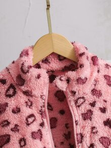 SHEIN 女童粉色刷毛波點復古可愛牛仔女孩立領拉鍊短版修身外套，秋冬校園與校外穿搭 - 粉色 - 查看 4