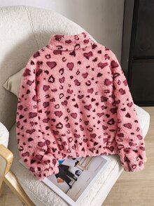 SHEIN 女童粉色刷毛波點復古可愛牛仔女孩立領拉鍊短版修身外套，秋冬校園與校外穿搭 - 粉色 - 查看 2